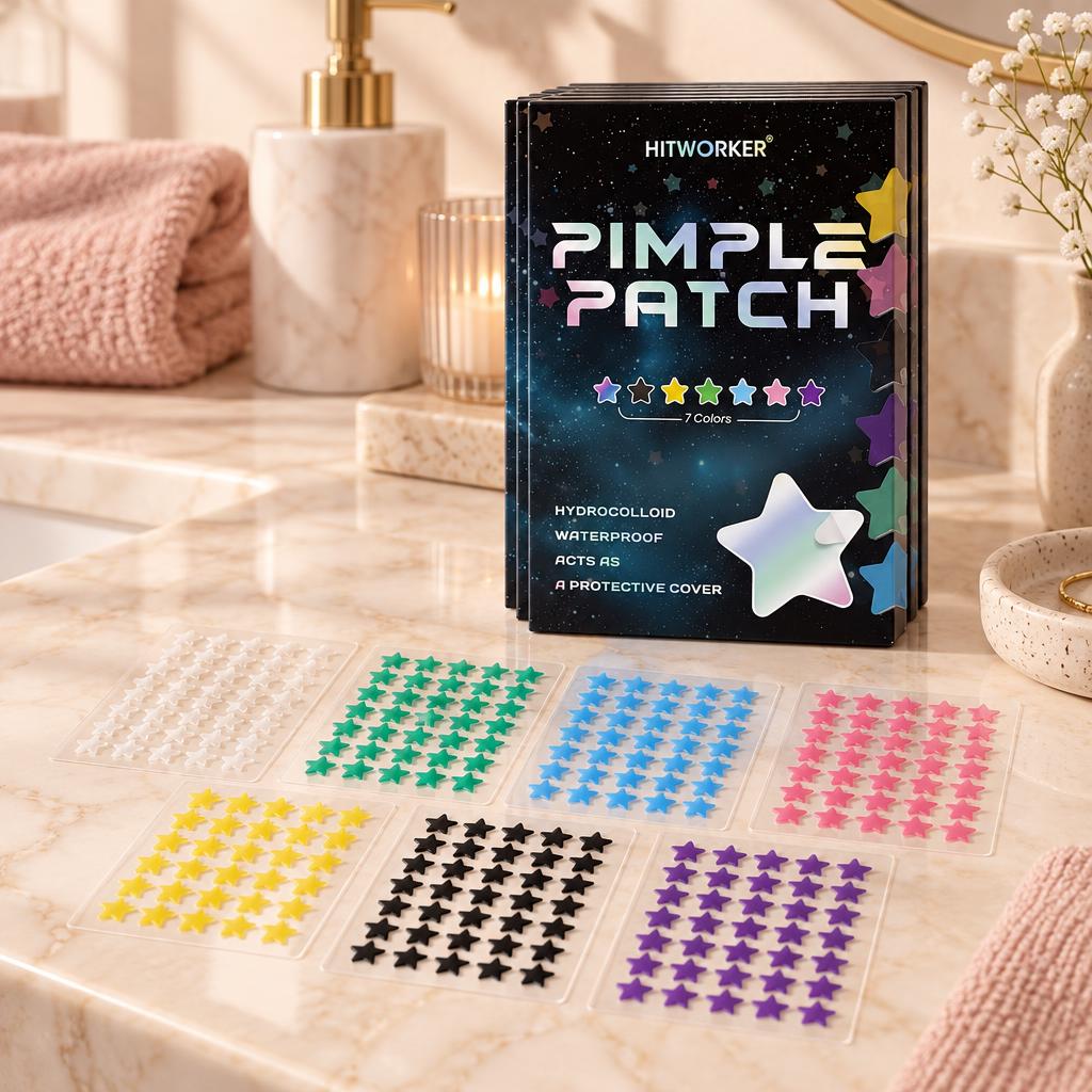 Pimple patch box and star sheets on a bathroom counter