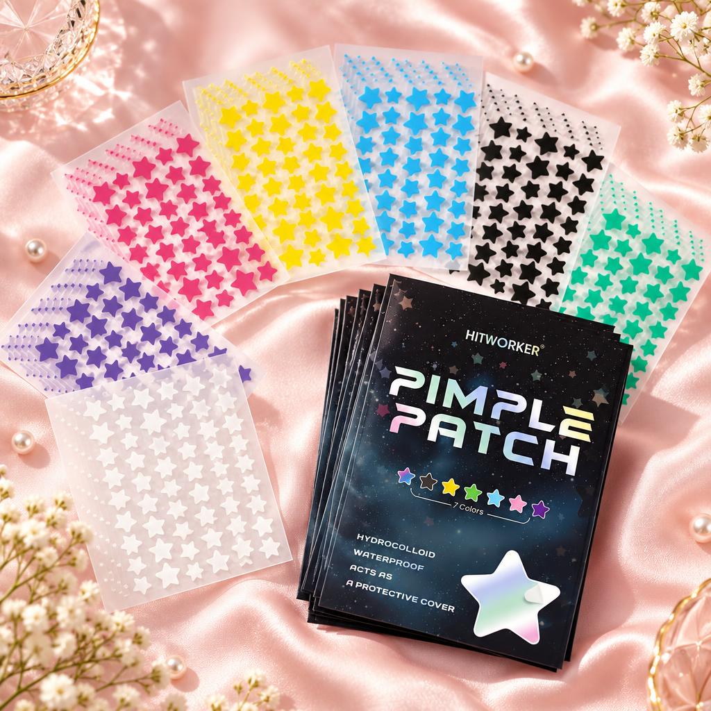 Star pimple patches in 7 colors on pink silk